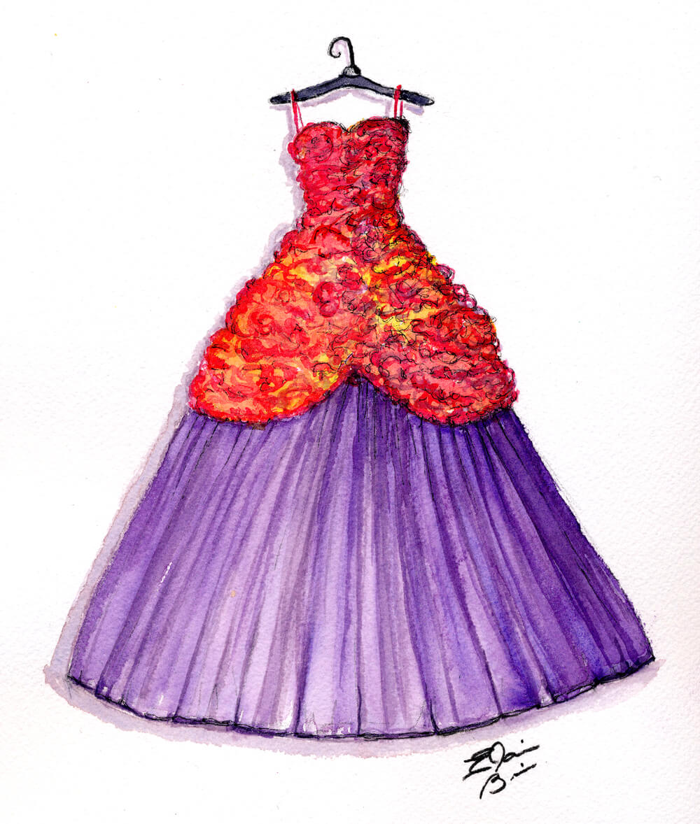 A watercolor painting of a red and purple dress in watercolor by Elaine Bliss