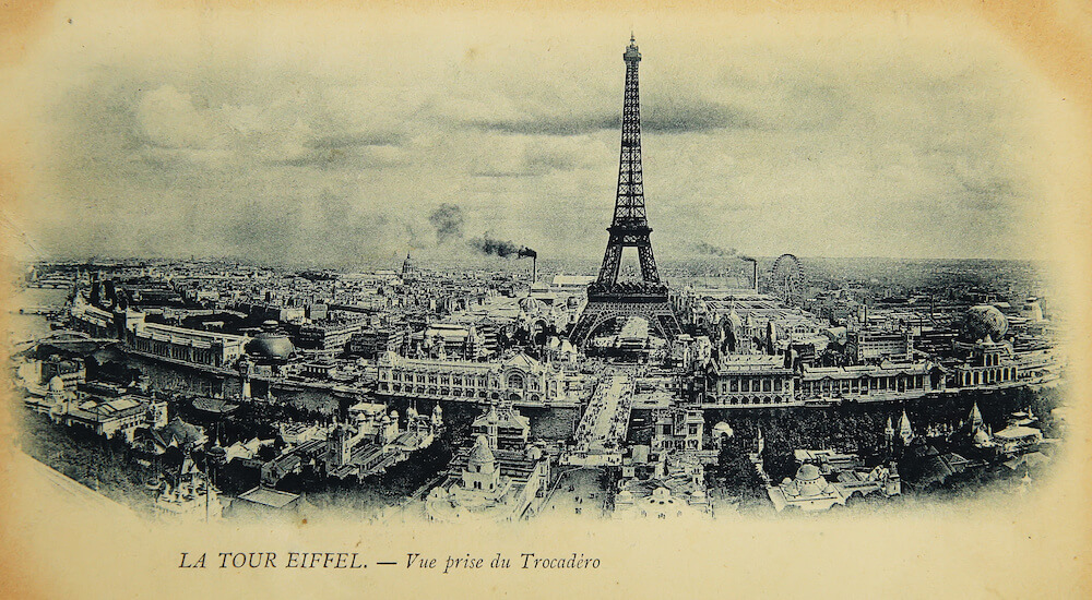 Rare vintage postcard with view on Eiffel Tower from Trocadero in Paris, France, circa 1900